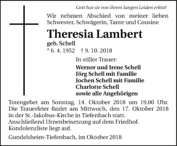 Traueranzeige von Theresia Lambert 