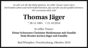 Traueranzeige von Thomas Jäger 