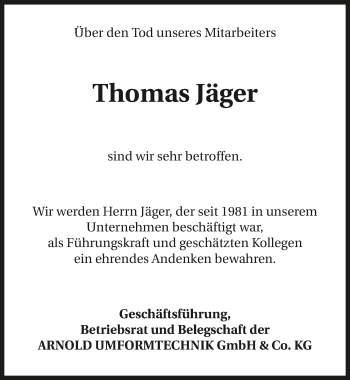 Traueranzeige von Thomas Jäger 