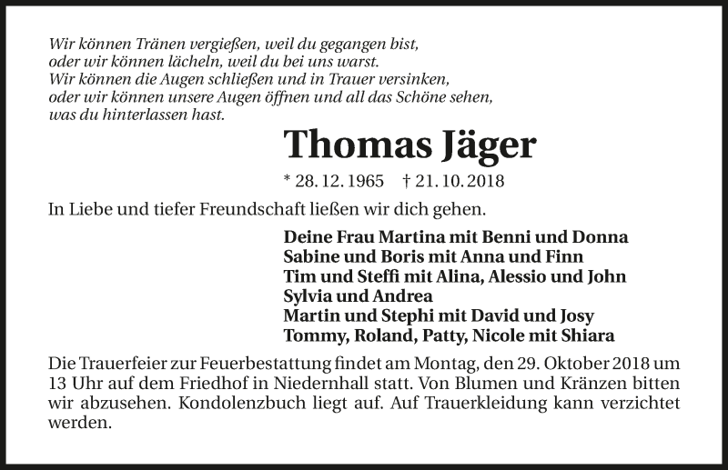  Traueranzeige für Thomas Jäger vom 25.10.2018 aus 