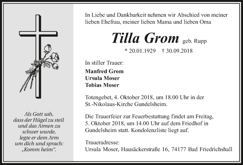  Traueranzeige für Tilla Grom vom 02.10.2018 aus 