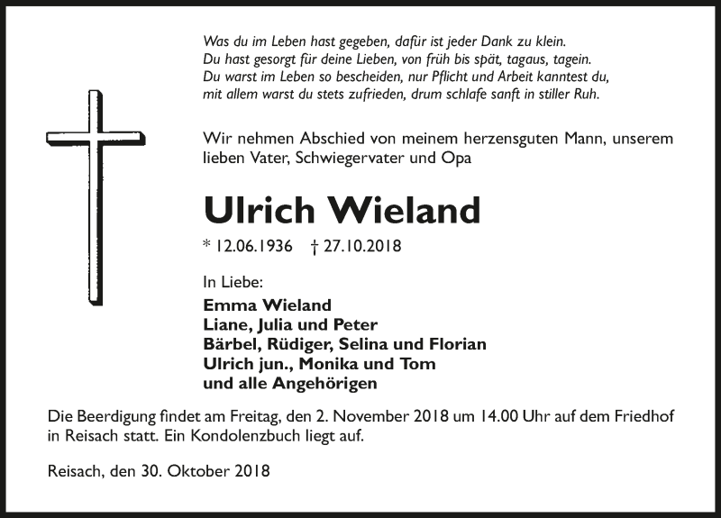  Traueranzeige für Ulrich Wieland vom 30.10.2018 aus 