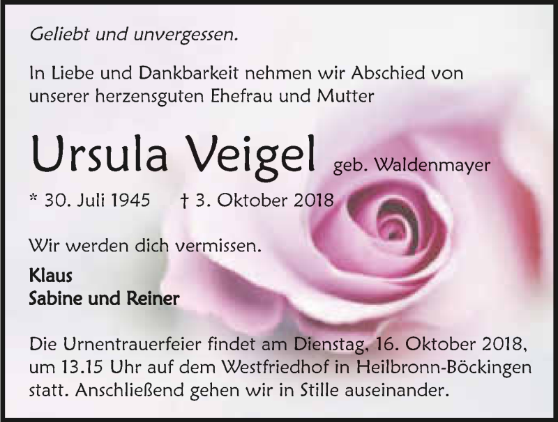  Traueranzeige für Ursula Veigel vom 10.10.2018 aus 