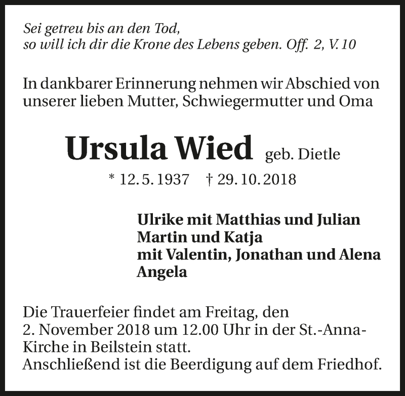  Traueranzeige für Ursula Wied vom 31.10.2018 aus 