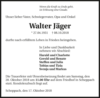Traueranzeige von Walter Jäger 