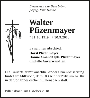 Traueranzeige von Walter Pfizenmayer 