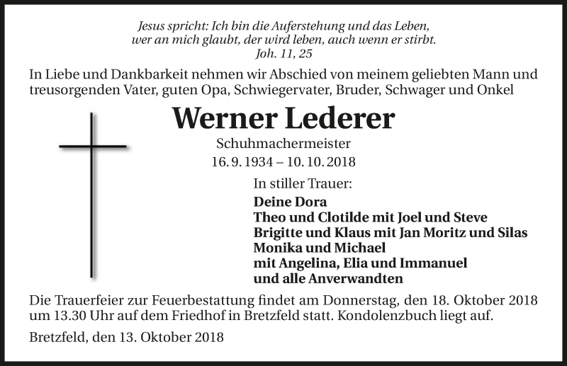 Traueranzeige für Werner Lederer vom 13.10.2018 aus 
