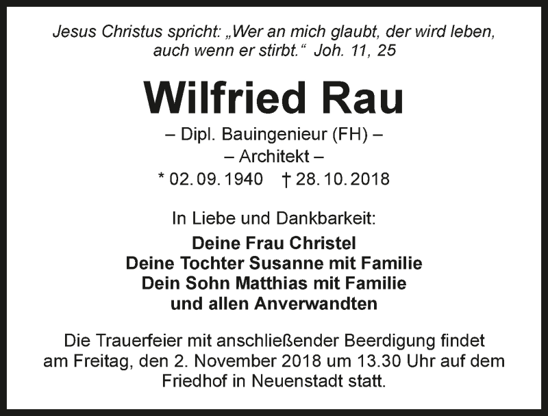  Traueranzeige für Wilfried Rau vom 30.10.2018 aus 
