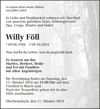 Traueranzeige von Willy Föll 