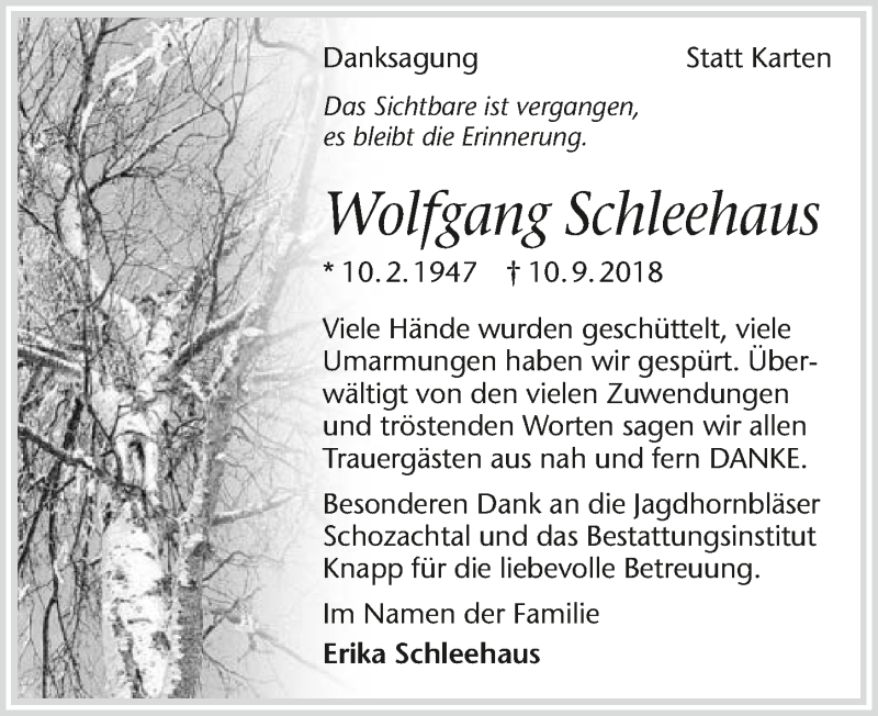  Traueranzeige für Wolfgang Schleehaus vom 13.10.2018 aus 