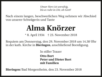 Traueranzeige von Alma Knörzer 