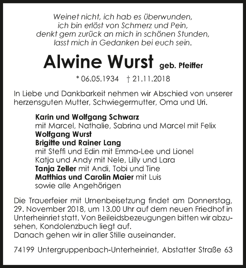  Traueranzeige für Alwine Wurst vom 24.11.2018 aus 