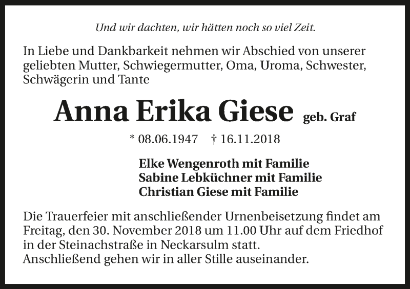  Traueranzeige für Anna Erika Giese vom 27.11.2018 aus 