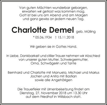 Traueranzeige von Charlotte Demel 