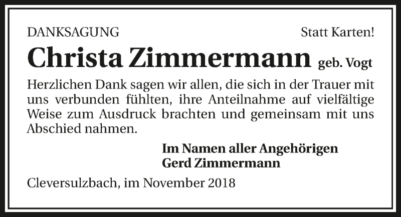  Traueranzeige für Christa Zimmermann vom 30.11.2018 aus 