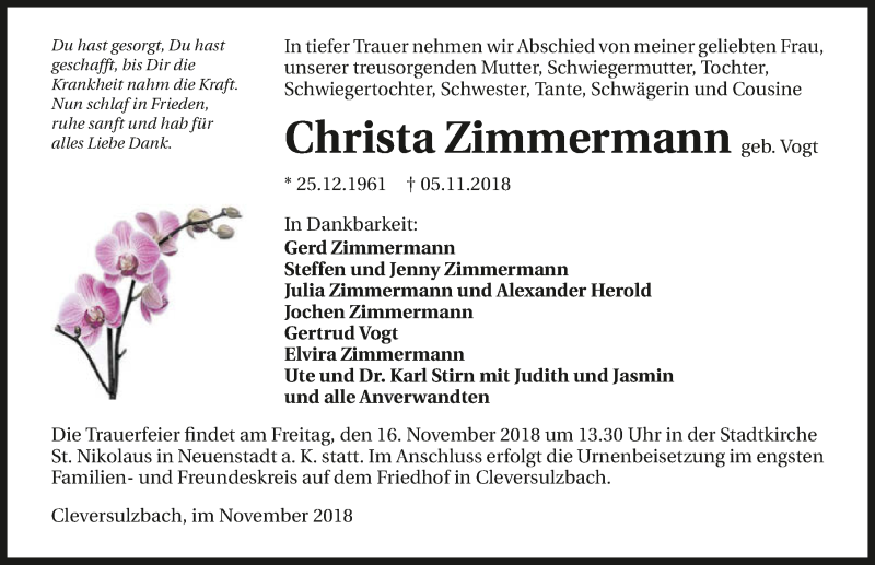  Traueranzeige für Christa Zimmermann vom 14.11.2018 aus 