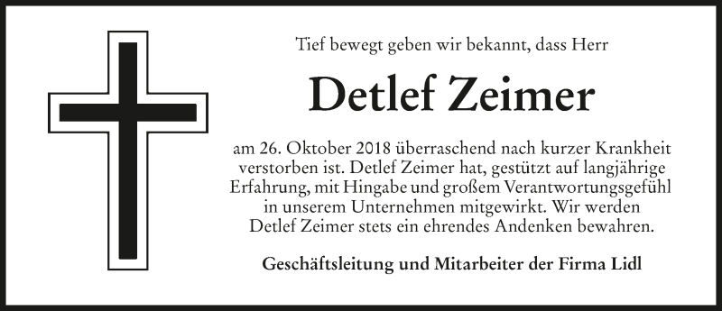  Traueranzeige für Detlef Zeimer vom 17.11.2018 aus 