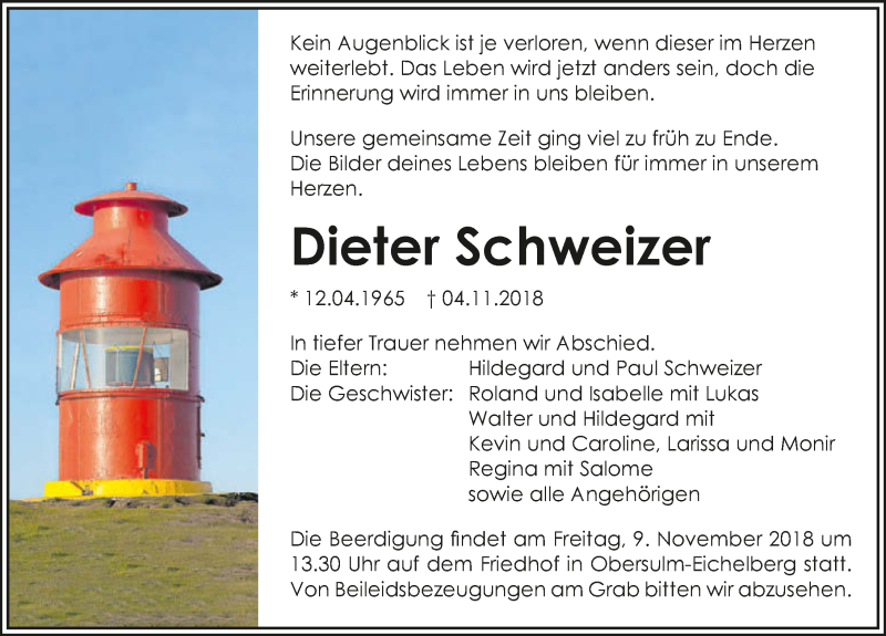  Traueranzeige für Dieter Schweizer vom 06.11.2018 aus 
