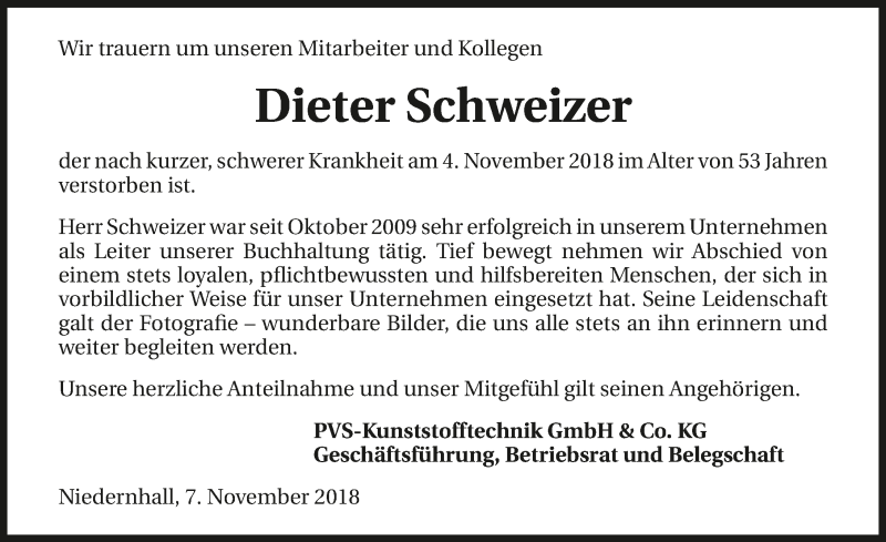  Traueranzeige für Dieter Schweizer vom 07.11.2018 aus 