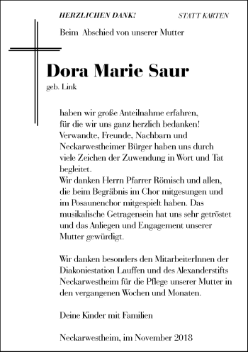 Traueranzeige von Dora Marie Saur 