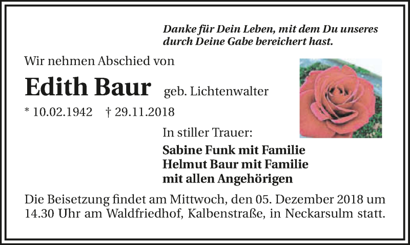  Traueranzeige für Edith Baur vom 01.12.2018 aus 