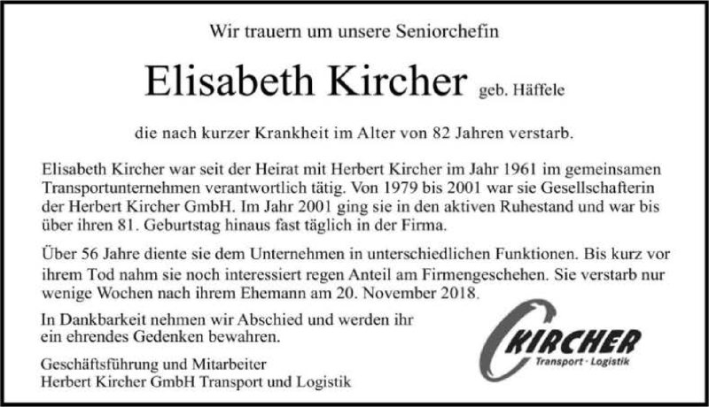  Traueranzeige für Elisabeth Kircher vom 22.11.2018 aus 
