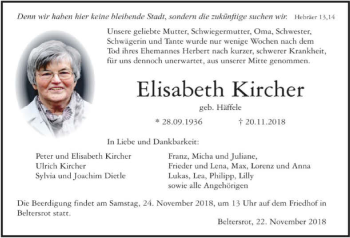 Traueranzeige von Elisabeth Kircher 