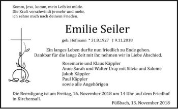 Traueranzeige von Emilie Seiler 