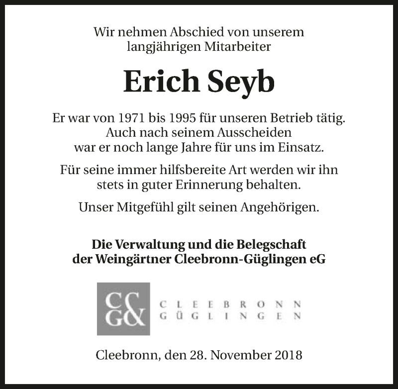  Traueranzeige für Erich Seyb vom 28.11.2018 aus 