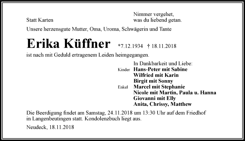  Traueranzeige für Erika Küffner vom 21.11.2018 aus 