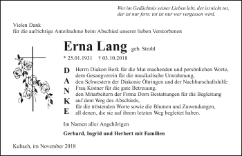 Traueranzeige von Erna Lang 