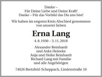 Traueranzeige von Erna Lang 