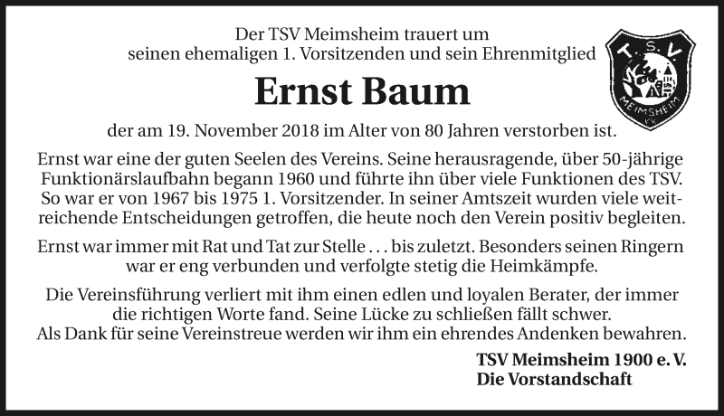  Traueranzeige für Ernst Baum vom 23.11.2018 aus 
