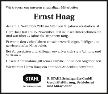 Traueranzeige von Ernst Haag 