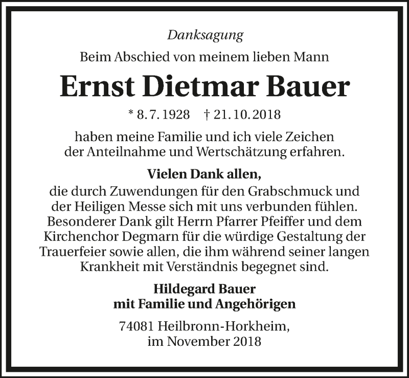  Traueranzeige für Ernst Dietmar Bauer vom 16.11.2018 aus 