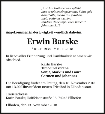 Traueranzeige von Erwin Barske 