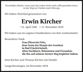 Traueranzeige von Erwin Kircher 