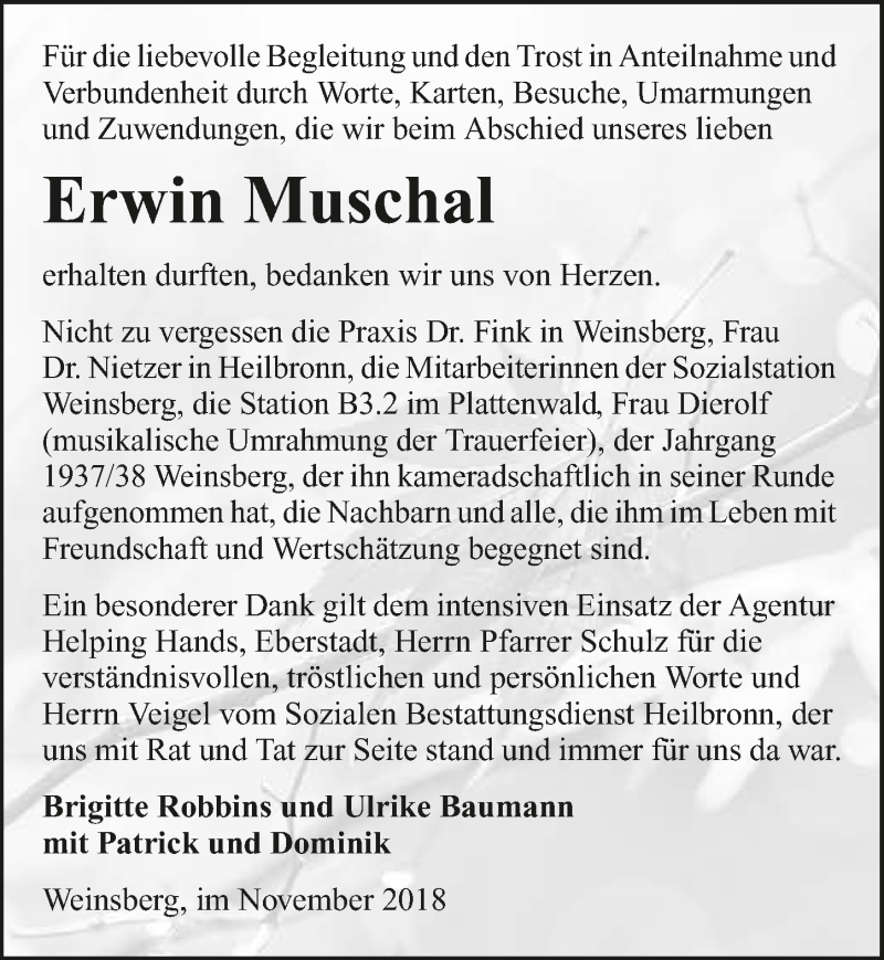  Traueranzeige für Erwin Muschal vom 01.12.2018 aus 