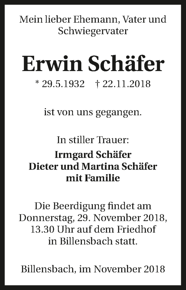  Traueranzeige für Erwin Schäfer vom 27.11.2018 aus 
