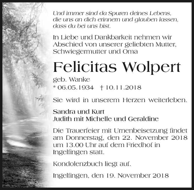 Traueranzeige für Felicitas Wolpert vom 19.11.2018 aus 