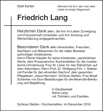 Traueranzeige von Friedrich Lang 