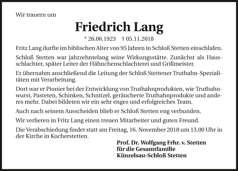  Traueranzeige für Friedrich Lang vom 10.11.2018 aus 