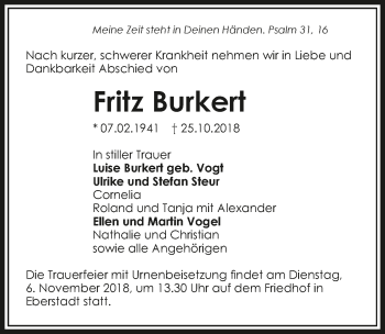 Traueranzeige von Fritz Burkert 