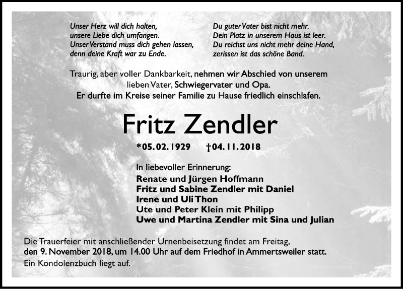  Traueranzeige für Fritz Zendler vom 07.11.2018 aus 