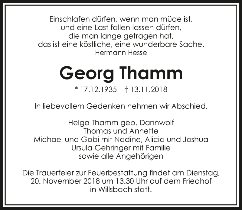  Traueranzeige für Georg Thamm vom 17.11.2018 aus 