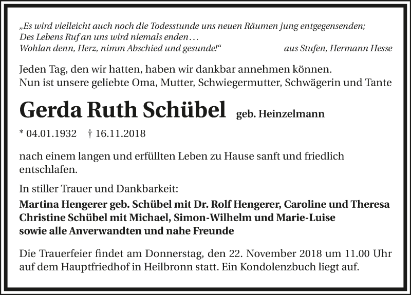  Traueranzeige für Gerda Ruth Schübel vom 17.11.2018 aus 