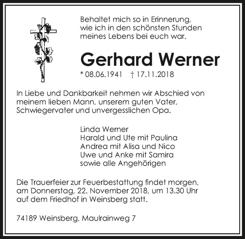  Traueranzeige für Gerhard Werner vom 21.11.2018 aus 