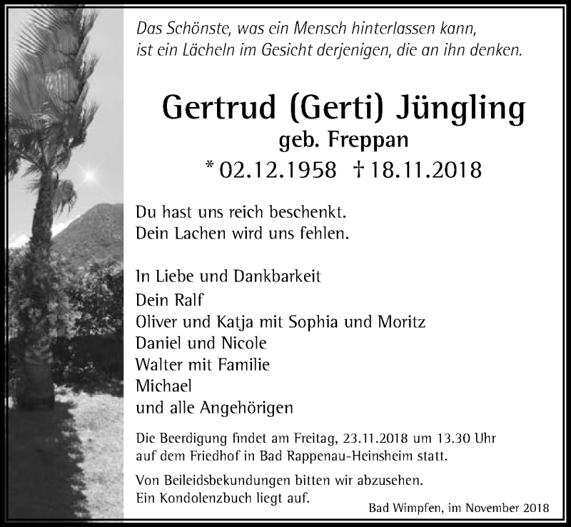  Traueranzeige für Gertrud Jüngling vom 21.11.2018 aus 