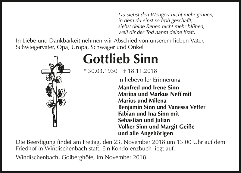  Traueranzeige für Gottlieb Sinn vom 21.11.2018 aus 