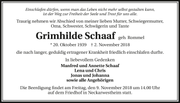 Traueranzeige von Grimhilde Schaaf 